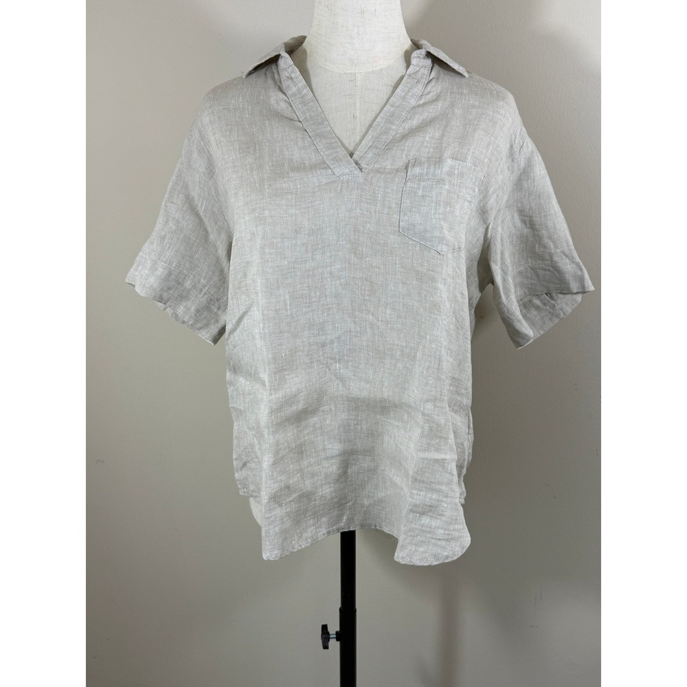 Rafaella 100% Linen Blouse Women's MP Beige Short Sleeve Collared Coastal
